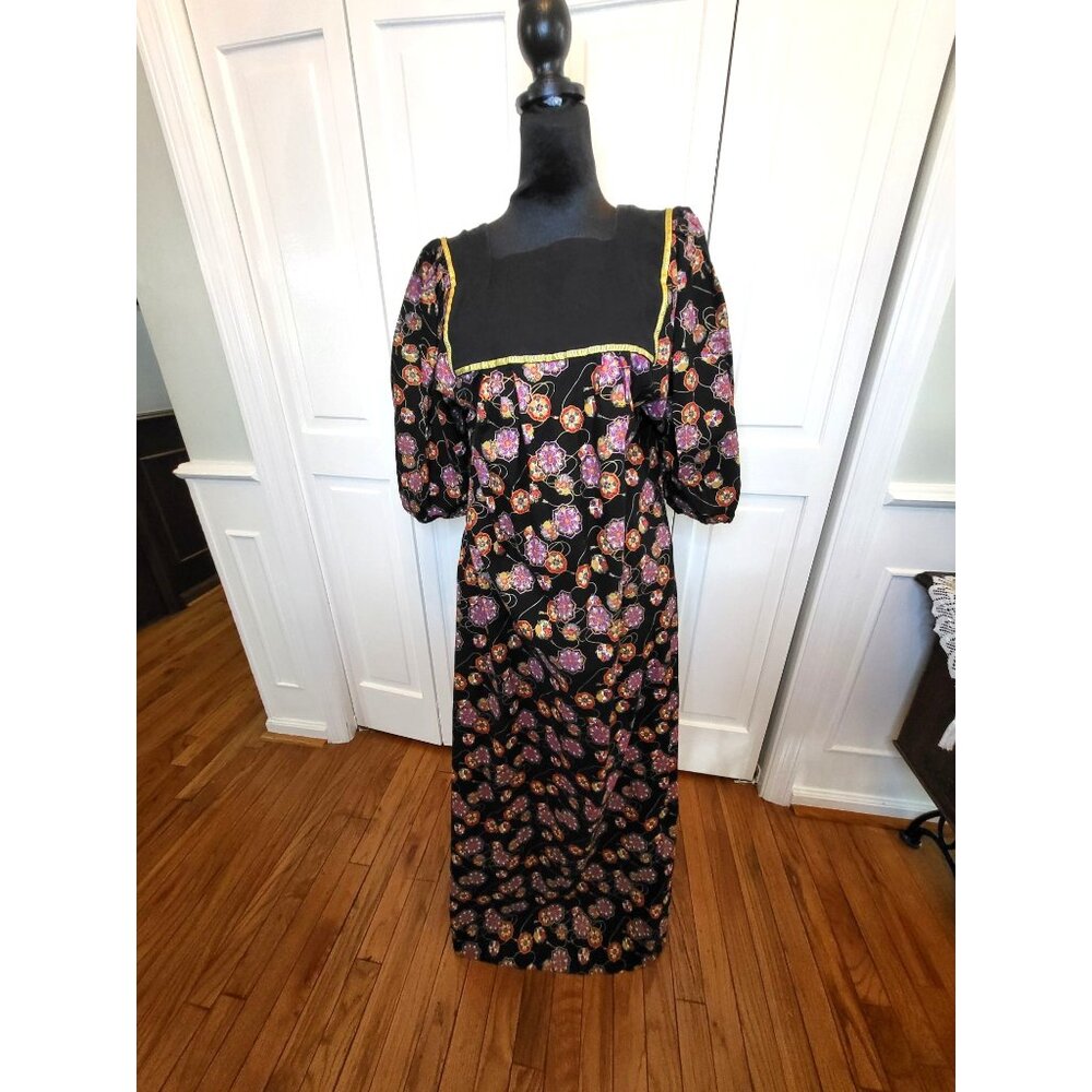 Vintage 80s/90s Black Print Maxi Dress Kaftan XL Pockets Whimsygoth Boho Hippie